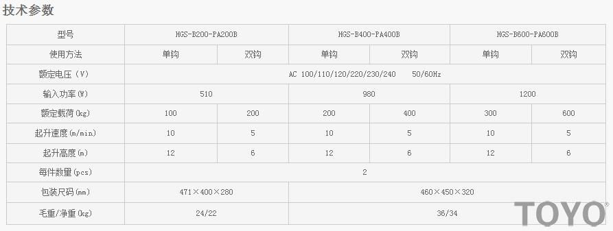 PA200B-PA600B型微型电动葫芦技术参数